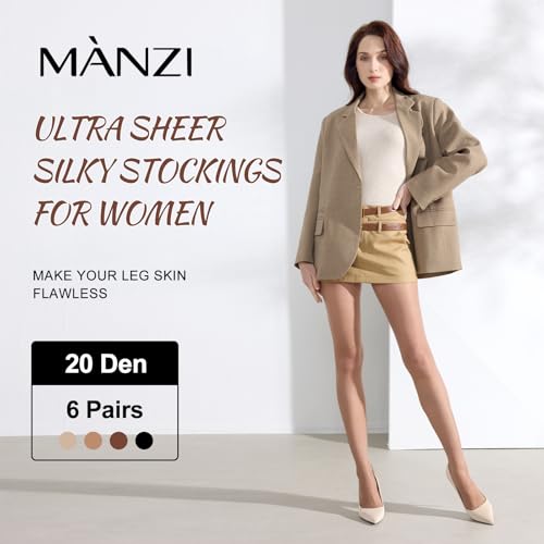 MANZI 6 Pairs Women's 20D Sheer Silky Pantyhose Run Resistant Nylon Tights High Waist Stockings with Control Top
