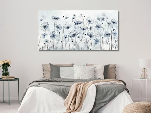 Image of VEAEE Framed Flowers Canvas Wall Art - Indigo Floral Canvas Pictures, Living Room Wall Decor, Botanical Canvas Prints Painting Abstract Artwork Bedroom Office Home Decor 29 inchx58 inch