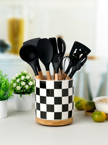 Image of LoeJan 3 Compartment Utensil Holder, Extra Large Utensil Crock, Stable Ceramic Utensil Organizer, Cooking Tool Organizer Set for Kitchen Counter Farmhouse Decor (G-Black(Square))