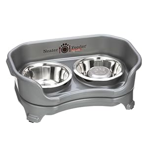 Neater Feeder – Express Model w/Slow Feed Bowl – Mess-Proof Dog Bowls (Small, Grey) Made in USA – Elevated, No Spill, Non-Tip, Non-Slip, Raised Stainless Steel Food/Water Pet Bowls Aid Digestion