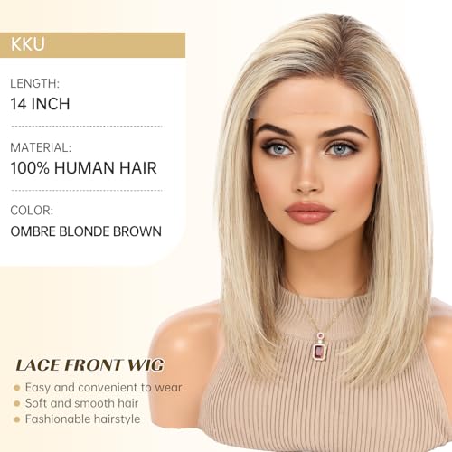 Image of KKU 100% Human Hair Lace Front Wig for Women- Pre-Plucked Natural Hairline, Side Part Ombre Blonde Brown Wig, 14 Inch, Soft & Natural Hair for Daily Use
