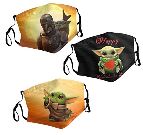 lovely Baby Yoda Star Wars The Mandalorian Funny Reusable Face Mask Washable Mouth Cover 3PC with 6 Filters Men's Women's Adjustable ear loops Made in USA