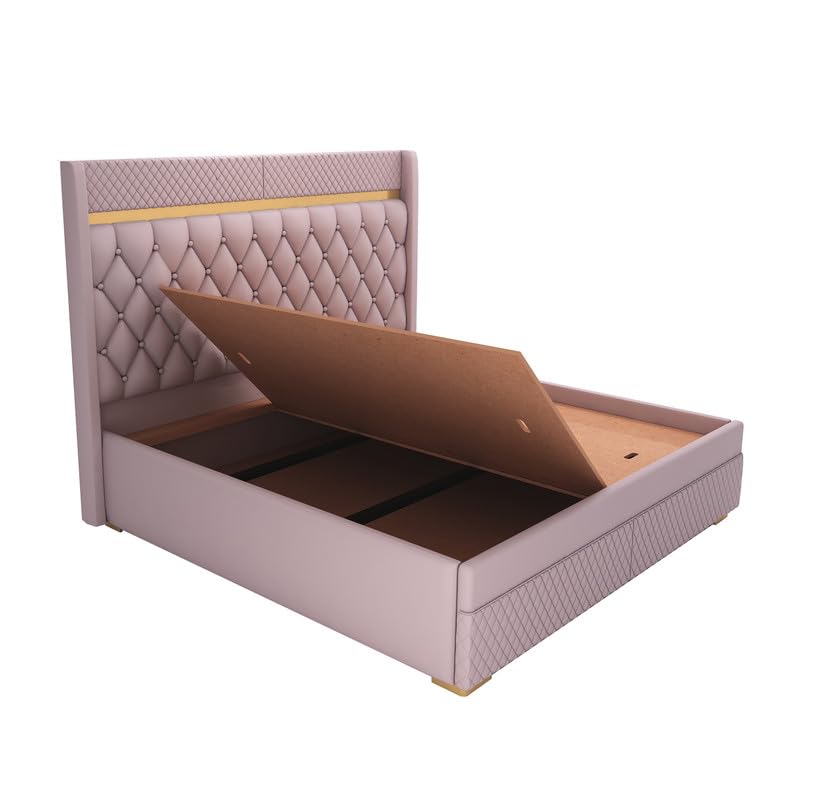 Image of MAMTA DECORATION Solid Wood King Size Bed with Box Storage | Premium Velvet Upholstered Tufted Headboard Palang Cot Bed | Modern Wooden Double Bed for Bedroom, Home, Hotel & Guest Room | Light Purple