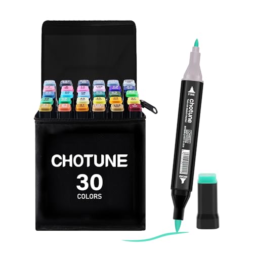CHOTUNE Marcatore 30 Colori,Pennarelli Doppia Punta,Il Nuovissimo Set Di Pennarelli per Alcol con Pennino Fine e Pennino a Pennello,Marker Pen con Base,per Fumetti