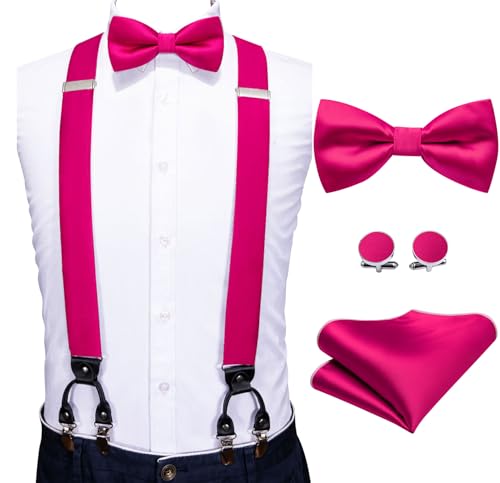 Image of YOHOWA Men Suspenders 6 Clips Strength Adjustable Y Braces Pre-Tied Bow Tie Set Formal Wedding Party