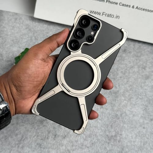 Image of Frameless 360 Rotatable Ring Metal Bumper Case with Kickstand for Samsung Galaxy S24 Ultra Case Compatible with Mag Charging | Luxury Aluminum Armor | Slim Premium Metal (Black)