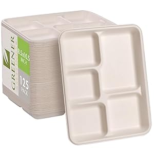 100% Compostable 5 Compartment Plates – Eco-Friendly and Disposable Sugarcane Trays 10.5 x 8.5 in. (125 Pack)