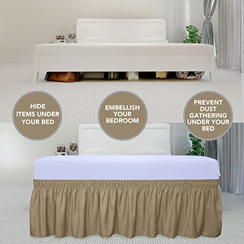 PureFit Wrap Around Ruffled Bed Skirt with Adjustable Elastic Belt - 18 Inch Drop Easy to Put On, Wrinkle Free Bedskirt Dust Ruffles, Bed Frame Cover for Queen, King and C-King Size Beds, Camel