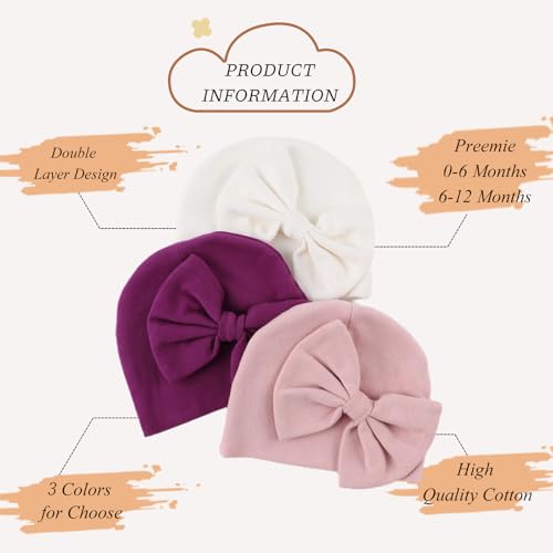 Bamery Newborn Baby Girl Hat Cotton Baby Bow Beanie Preemie Hats Spring Infant Hats for Girls 0-12 Months2