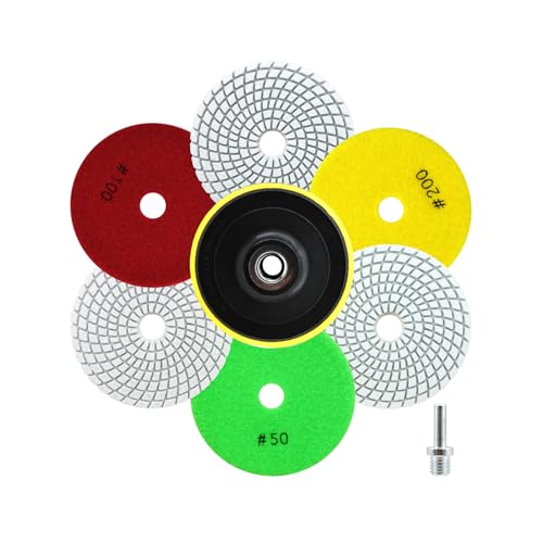 QUEFORET Dischi Diamantati per Lucidatura 8 Pezzi - 6 Pezzi 100mm Tamponi Lucidatura (Grana 50 x 2, 100 x 2, 200 x 2), Platorello a Strappo, Adattatore per Granito Marmo Quarzo Pietra a Umido