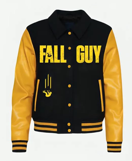 Men's Fall Guy Hooded Varsity Letterman Leather Jacket Ryan Gosling Stunt Team Baseball Bomber Jacket Men 2XS-4XL3