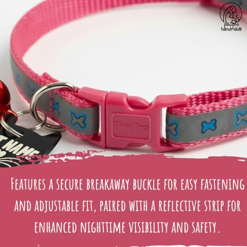 Image of PAWPRO HANDMADE Reflective Cat Collar with Custom ID Tag - Adjustable Collar with Bell for Cats & Small Dogs - Personalized Name Tag (Cotton Candy)