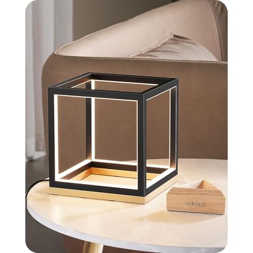 EDISHINE Modern LED Table Lamp, Minimalist Bedside Lamp with Solid Wood Base, 3 Way Dimmable, 3000K/4500K/6000K, 470LM, Black Gold Square Geometric Nightstand Lamp for Living Room, Bedroom,