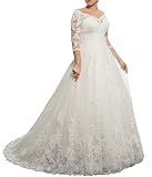 Nanger Damen Spitze Hochzeitskleider Große Größe A Linie Brautkleider mit Lange Ärmel Elfenbein 52