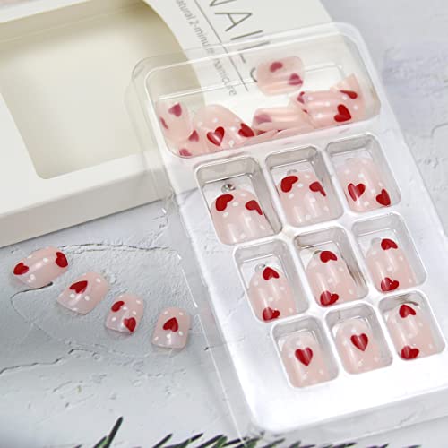 24Pcs Red Heart Press On Nails Short, Pink Sqaure Fake Nail Valentine's Day Fake Nails With Design Heart False Nail For Women Full Cover False Nail Sticker On Nail With Glue Manicure Decor #TOP5