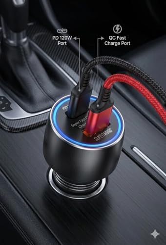 Image of RDSA 125W Car Power 1C Triple Output Fast Car Charger with 1.2MTR Type C Cable, 80W Type-C PD, 45W USB Port, Fast Charging Adapter Compatible with Cars for iPhone & Smartphone (Black /Grey)