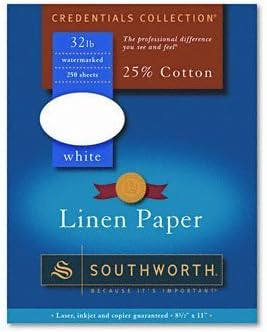 Southworth Products - Southworth - 25% Cotton Fine Linen Paper, 32 lbs., 8-1/2 x 11, White, 250/Box - Sold As 1 Box - Adds a rich look and feel to everyday business and legal documents, letterheads,