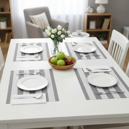 Image of YELONA Dining Table Placemats Set of 4 - Heat-Resistant, Non-Slip, Washable & Stain Resistant Woven PVC Vinyl Table Mats for Kitchen & Dining - 45 x 30 cm, White & Grey