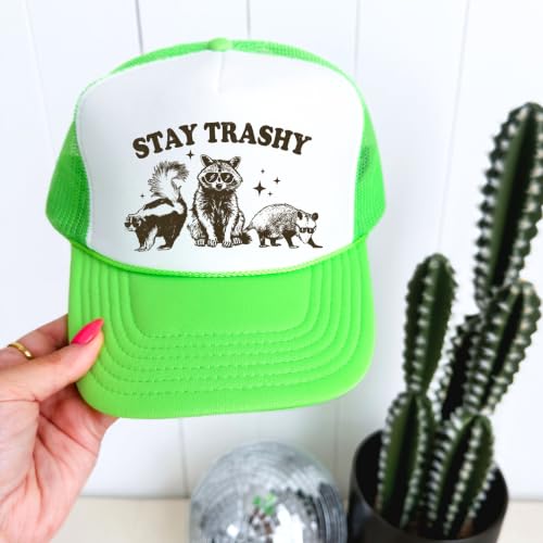 Image of Stay Trashy Funny Raccoon Graphic Classic 5 Panel Mesh Snap Back Trucker Hat