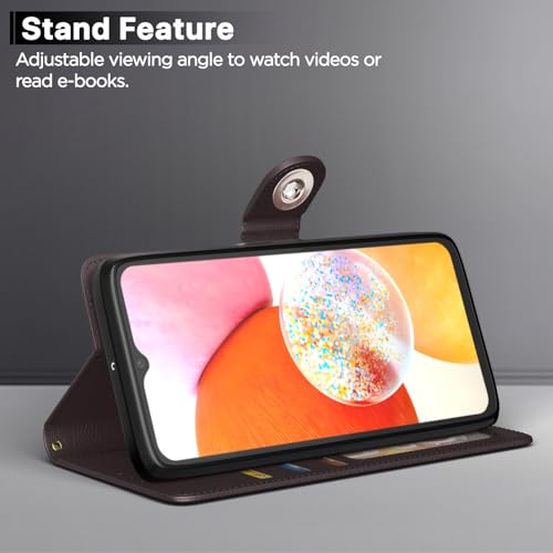 Image of Pikkme Flip Cover Leather Finish | Inside TPU with Card Pockets | Wallet Stand and Shock Proof | Complete Protection Button Flip Case for Samsung Galaxy F23 5G (Coffee)