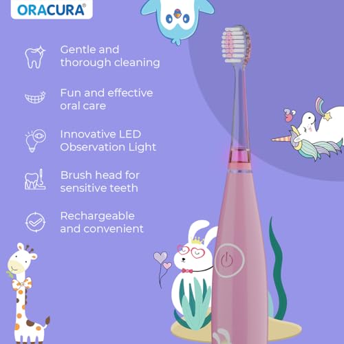 Image of ORACURA KSB200 Kids Sonic Electric Rechargeable Toothbrush, 3-10 Years, 24,000 strokes /min, With 3 Modes, IPX7 Waterproof, Smart 2-Min Timer, Rechargeable Lithium Battery, LED & Colorful Lights (Pink)