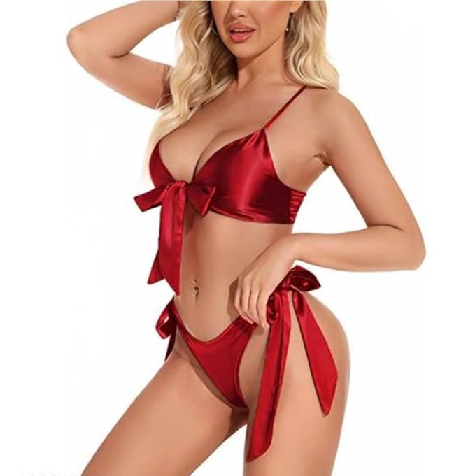 ARYANSH Shoppe Satin Elegance Two-Piece Bikini – Bow Detail Top & Adjustable Side-Tie Bottom Free Size (Maroon)-picture-23
