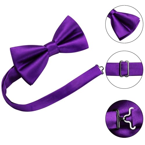 Image of Hi-Tie 5Pcs Mens Solid Color Silk Tie Satin Pretied Bowtie Lapel Pin for Men Handkerchief Cufflink Wedding Gift Box