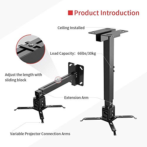 BuFan Projector Ceiling Mount, Universal Vaulted Bracket with Adjustable Extension Pole to 26.7 for LCD DLP Projector