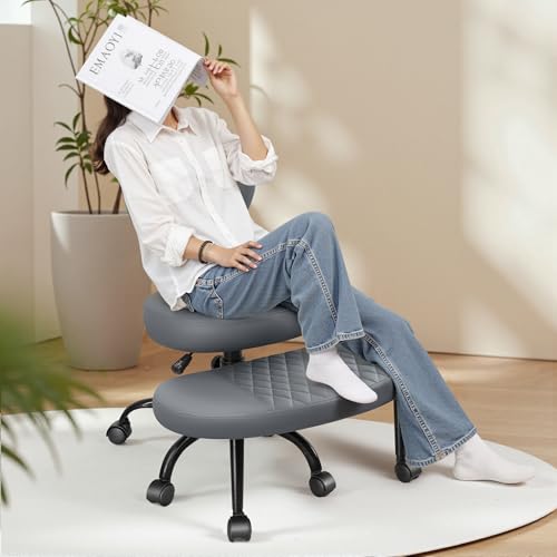 Ergonomic Cross Legged Office Chair with Wheels - Adjustable Height for Meditation, ADHD Desk & Yoga - Wide Criss Cross Design with Lumbar Support, Kneeling Chair - Dark Gray