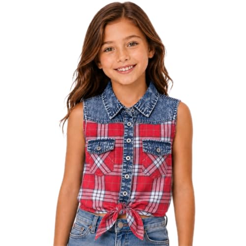 Image of Bienzoe Western Plaid Girls Shirt: Sleeveless Button Down