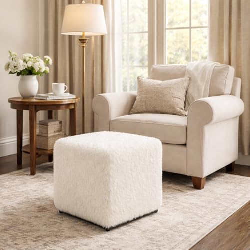 Image of HomePop 16 inch Cube Ottoman - White Faux Fur
