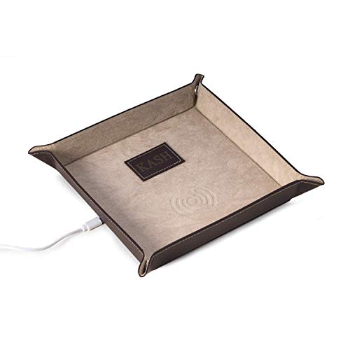 Bey-Berk Custom Personalized leather valet tray with wireless charger (Brown) - Thumbnail 5