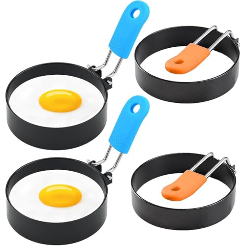 4pcs Egg Rings for Frying, Stainless Steel Egg Rings with Anti-Scald Folding Handle, Non Stick Fried Egg Rings for Household Kitchen Cooking Egg Frying Breakfast Mini Burger Shaping, Pancakes