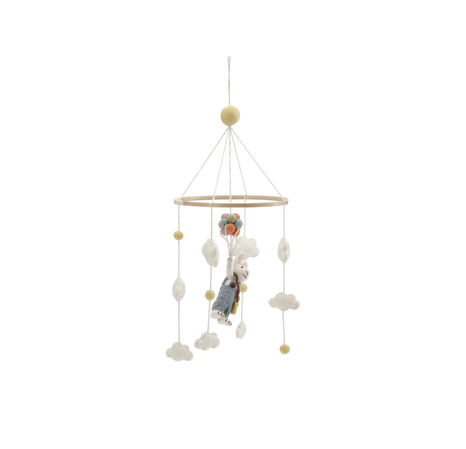 Handgemacht & Fairtrade-zertifiziert | Gry & Sif | Stilvolles dänisches Design x Nepali Kunsthandwerker | Mobile Baby mit Hase mit Luftballon aus Filz für Babybett Laufstall Wickeltisch Babyzimmer