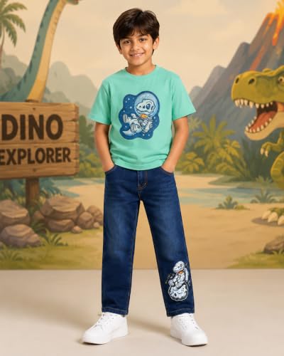 Image of KiddoPanti Boys Printed Co-Ords Set | 100% Cotton & Cottnon Spandex Woven | Drop Shoulder Tshirt with Jeans | Graphic Printed Design| Outerwear For Kids