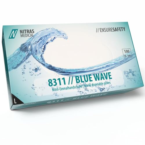 Nitras 8311 BLUE WAVE unsterile, medizinische, lebensmittelgeeignete Nitril-Einmalhandschuhe Farbe blau, puderfrei & latexfrei 100 Stück im Spenderkarton Größe L