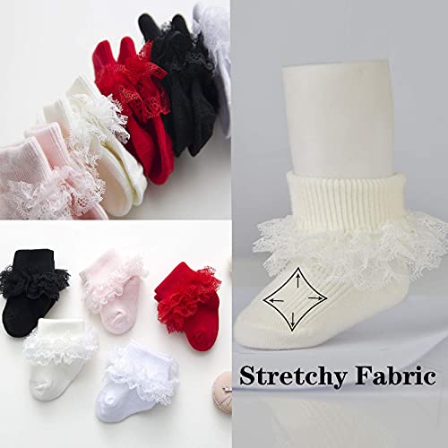Mini Angel Baby Lace Socks Infant Girls Triple Lace Ruffle Frilly Socks Soft Cotton Turn Cuff Socks With Box Gift Set,5 Pairs,Black/White/Pink/Cream/Red,6-12 Months #TOP6