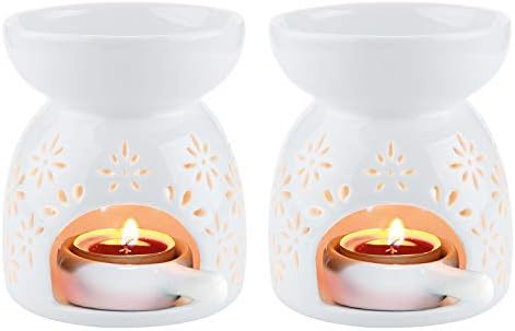 T4U Ceramic Tealight Candle Holder Oil Burner, Essential Oil Incense Aroma Diffuser Furnace Home Decoration Romantic White Set of 2 - Floral Pattern