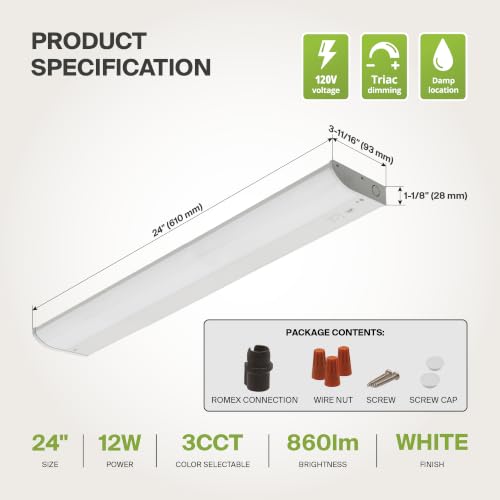 Image of ASD LED Under Cabinet Lighting, 24 inch 12W 822 LM, Dimmable Hardwired Under Cabinet Lights for Kitchen, 3000K Soft /4000K Cool /5000K Daylight, Under Counter Light Fixtures, ETL, White, Bullnose Design