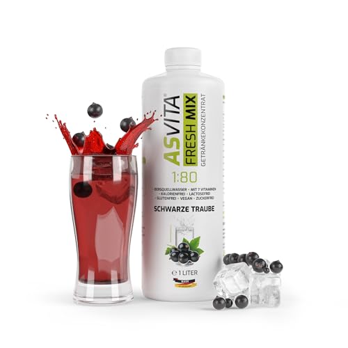 AsVita Getränkekonzentrat Fresh Mix 1:80-1 Liter Flasche - Getränkesirup zuckerfrei - 26 leckere Geschmacksrichtungen (Schwarze Traube)