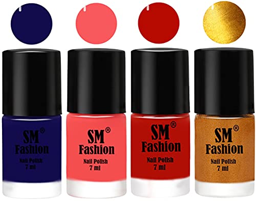 Image of Nail Polish Combo Set (Pack of 4) Quick Dry Gel Finish Nail Paint | Dark Blue,Light Pink,Red Orange,Golden | 7 ml Each