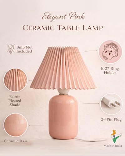 Image of Homesake Modern Small Ceramic Table Lamp, Classic Bedside Desk lamp for Living Room Bedroom, Farmhouse Nightstand Lamps Side Table Lamp Kids Room Glossy Dovel, Pink Pleated Shade