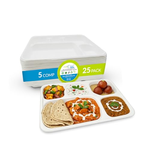 Image of EATONS | 5 Compartment Bagasse Meal Tray | 11 Inch - Pack of 25 | Disposable Plates Big Size | Compostable Sugarcane Paper Plates | Ideal for Cafeterias & Parties | White & Sturdy