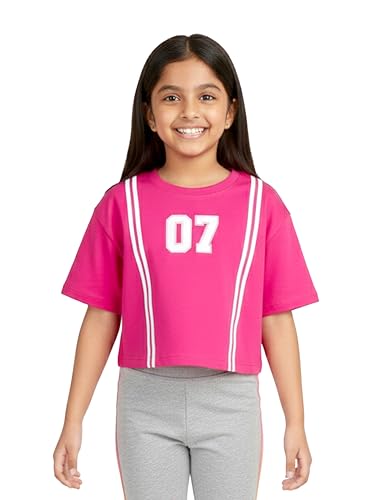 Image of KiddoPanti Girls 100% Cotton Solid Drop Shoulder Half Sleeve Round Neck Crop Tee