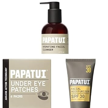 PAPATUI by Dwayne Johnson Hydrating Mens Face Cleanser Unscented 8 oz, Fast-Acting Under Eye Patches for Men 6ct, Hydrating Mens Face Moisturizer with SPF 30 Unscented 2.5 fl oz