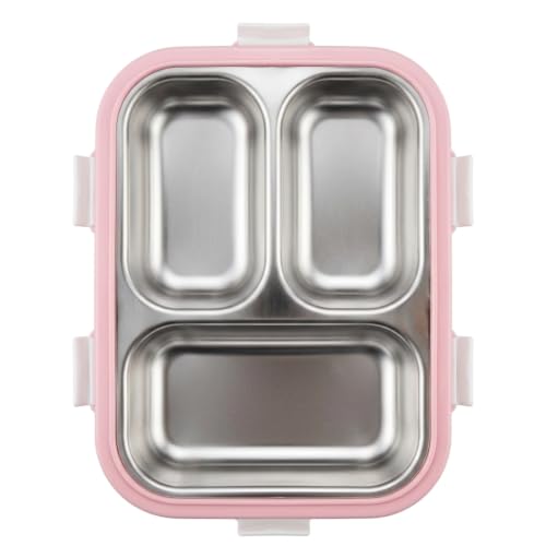 Image of Premium Stainless Steel Three Compartment Lunch Box (8.75 inch x 6.75 inch) - Durable Three Partition Leak Proof Tiffin Box for Food Grade Container with 6-Side Lock Unbreakable Lid (400g)