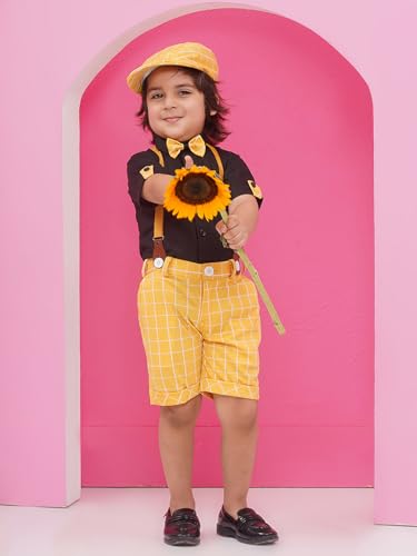Image of AJ DEZINES Kids Clothing Cotton Blend Checkered Printed Shirt Shorts With Cap and Suspenders Set for Boys