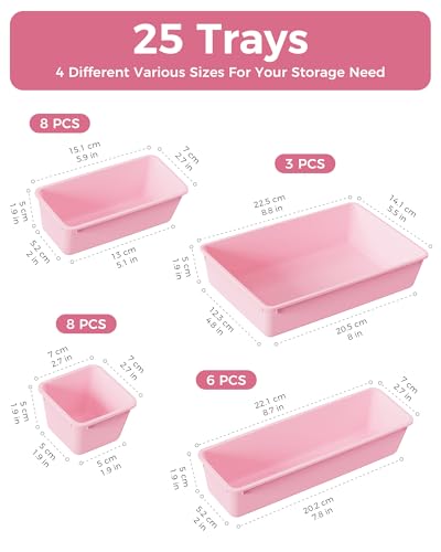 25 PCS Plastic Drawer Organizers Set, 4-Sizes Vanity and Makeup Organizer, Desk and bathroom Drawer Organizer Trays, Organizers and Storage for Makeup, Jewelry, Gadgets, Utensils (Pink) - Image 3