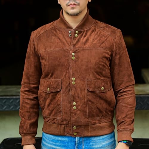 Image of Jild Varsity Style Leather Bomber Jacket Men - Casual Fashion Real Suede Classic MA-1 Leather Jacket Men