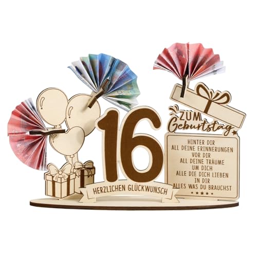 BOFUNX Geldgeschenke zum 16. Geburtstag Mädchen Jungen Holz Verpackung Geschenke 16 Geburtstag Jungen Mädchen Holz Schild Gästebuch Geburtstagsgeschenk 16 Geburtstag Geschenk Tischdeko